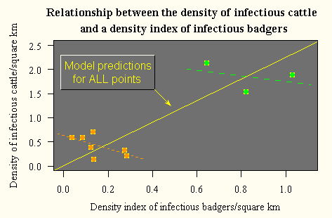 Relationship between the density of TB infectious cattle and density index of TB infectious badgers. The orange points represent those sites where the initial proactive badger cull was made before the FMD outbreak. The green points represent those sites where the initial proactive cull was made after the FMD outbreak.